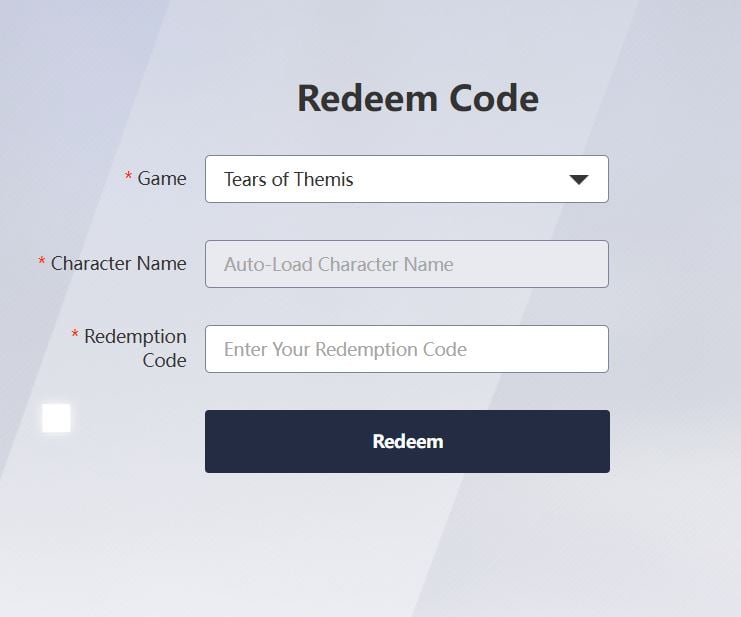 Interface do site para trocar códigos no Tears of Themis