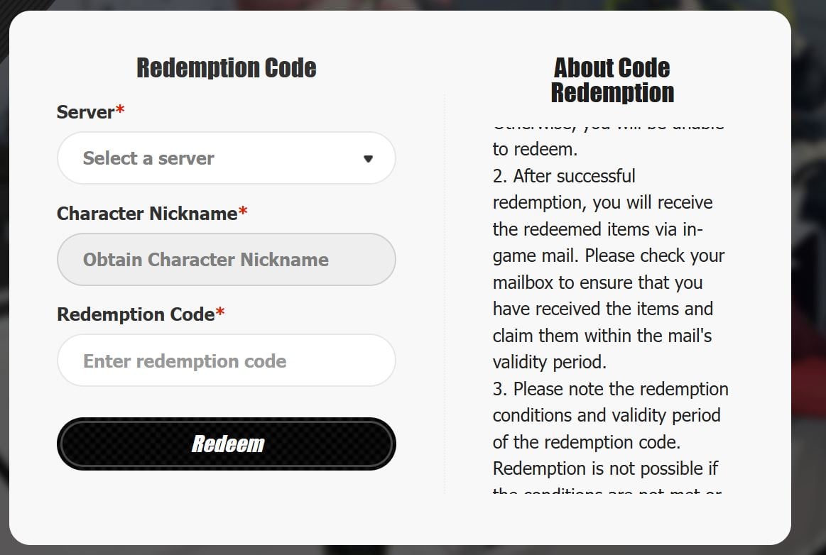 Interface d'accueil du site d'échange des codes sur Zenless Zone Zero