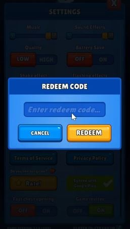 Das Feld zur Eingabe des Codes bei Hunt Royale