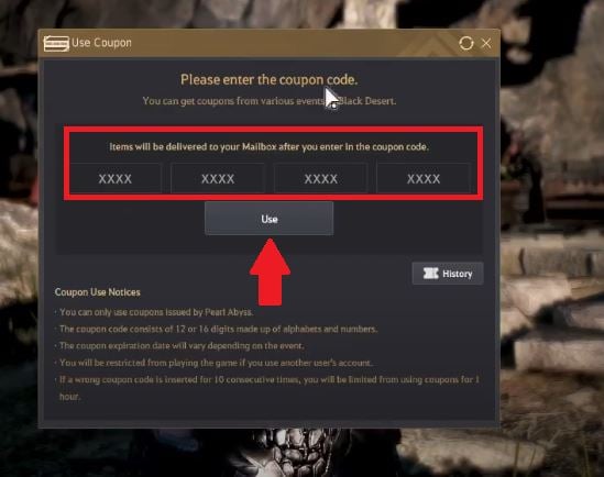Kotak untuk memasukkan dan memvalidasi kode di Black Desert Online