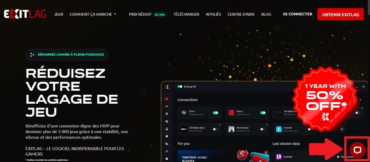 Klik på knappen nederst til højre på skærmen for at aktivere Live Chat og kontakte ExitLags kundesupport.