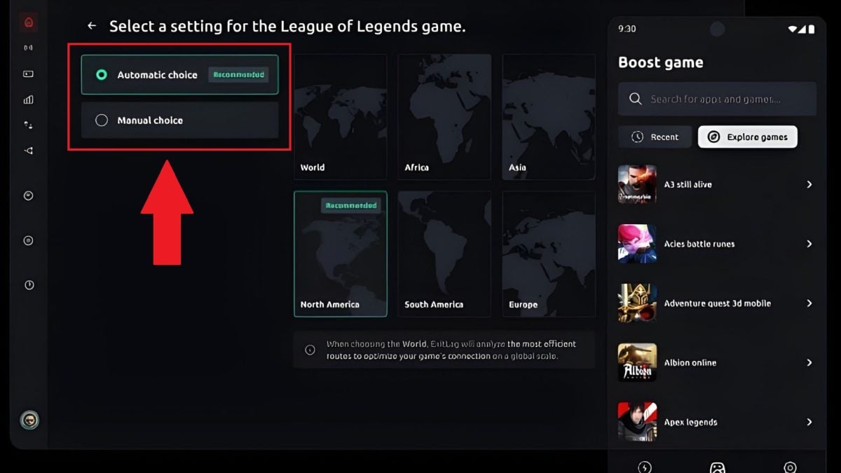 Klik på "Automatisk valg" i serverområdet på ExitLag.