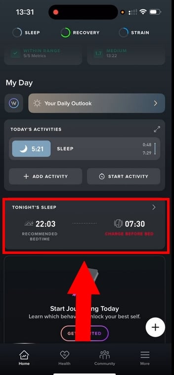 Buka bagian TIDUR MALAM INI untuk mengatur alarm WHOOP Anda. 