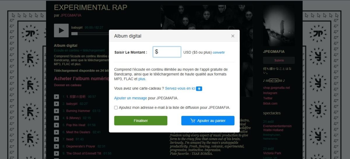 Введите цену, прежде чем завершить покупку цифрового альбома на Bandcamp