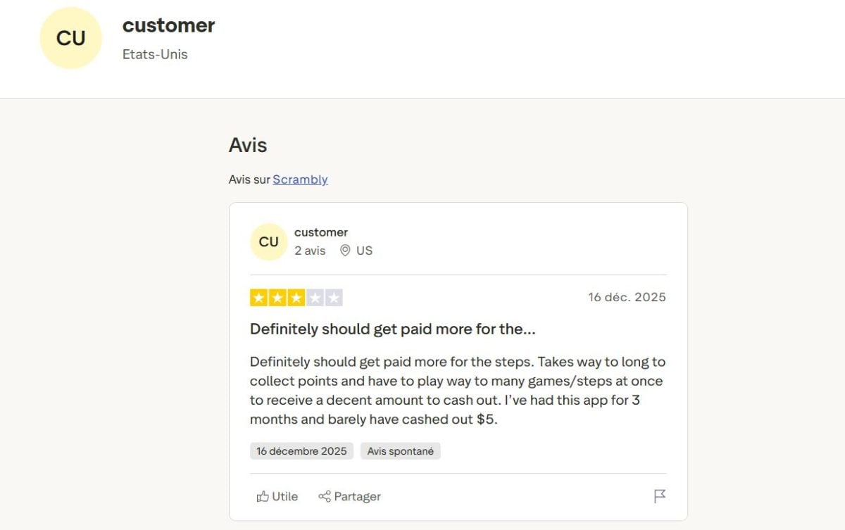Avis d'un client sur Scrambly sur Trustpilot.