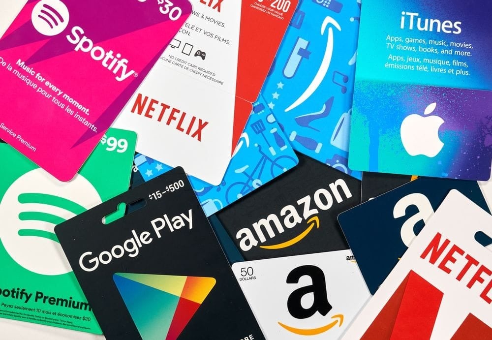 Des cartes cadeaux disponibles à acquérir avec Scrambly : Google Play, Spotify, iTunes, Netflix, Amazon, etc.