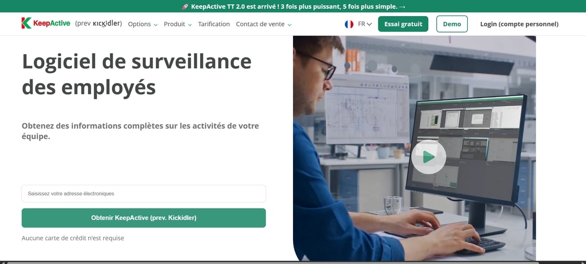 Captura de pantalla de la página de inicio de Kickidler, ahora llamada KeepActive