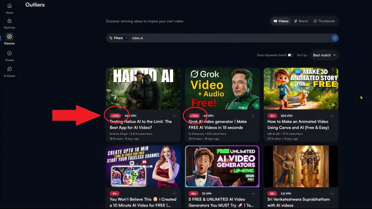 Outliers on VidIQ. Image showing the best-performing videos with the keyword "video ai".