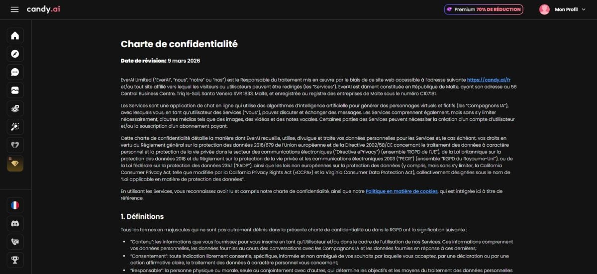 Questa schermata mostra l'informativa sulla privacy aggiornata per Candy AI.