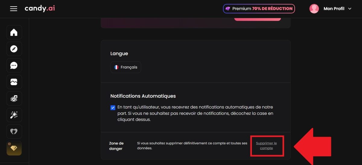Ecco il pulsante per eliminare un account su Candy.ai.
