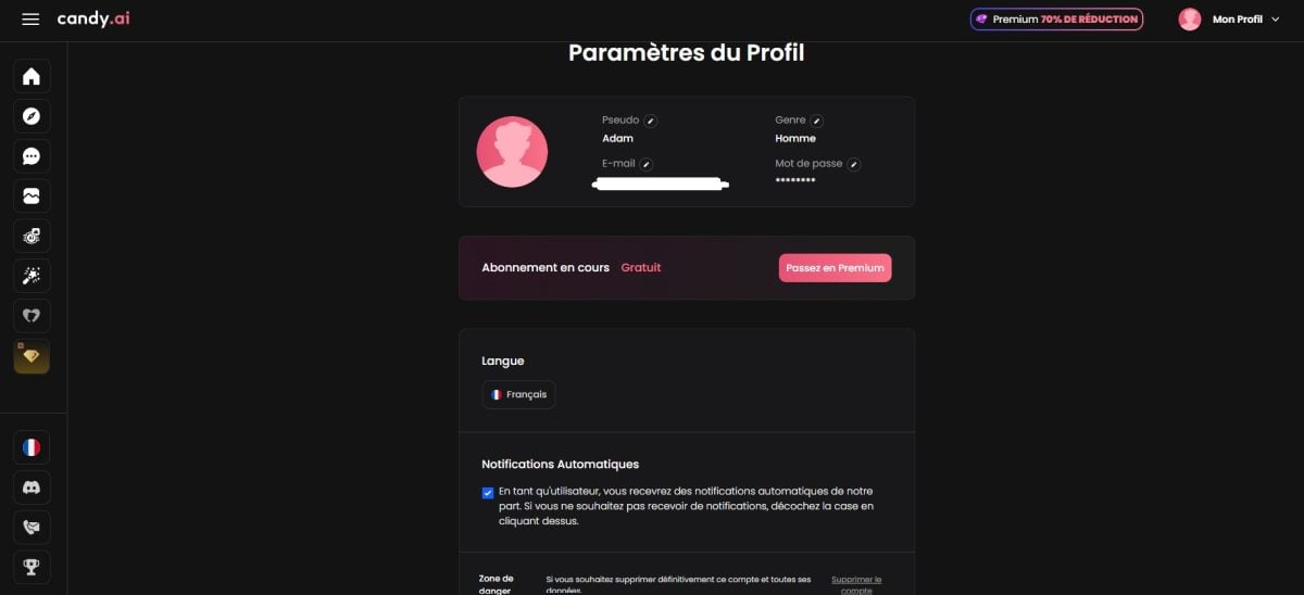 Ecco una panoramica del profilo utente su Candy.ai.