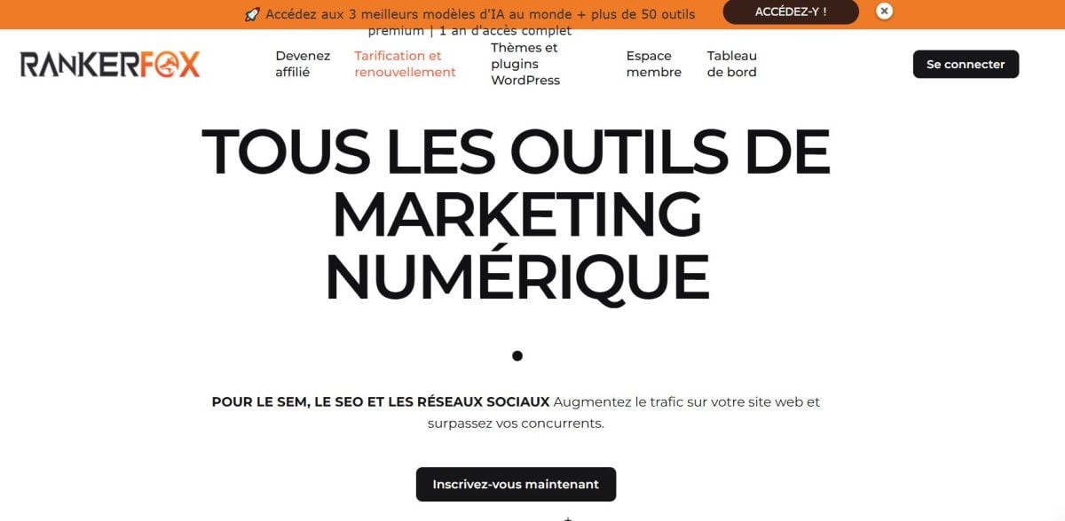 Домашняя страница Rankerfox: сайт, где вы можете получить доступ и протестировать лучшие SEO-инструменты, такие как Semrush, Majestic и др.