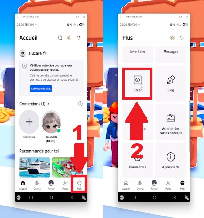 点击 "更多",然后点击 "创建",在 Roblox 上创建游戏通行证