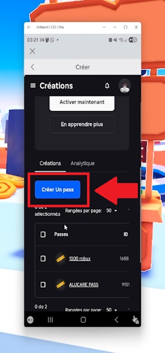 点击 "创建通行证 "在 Roblox 上创建游戏通行证