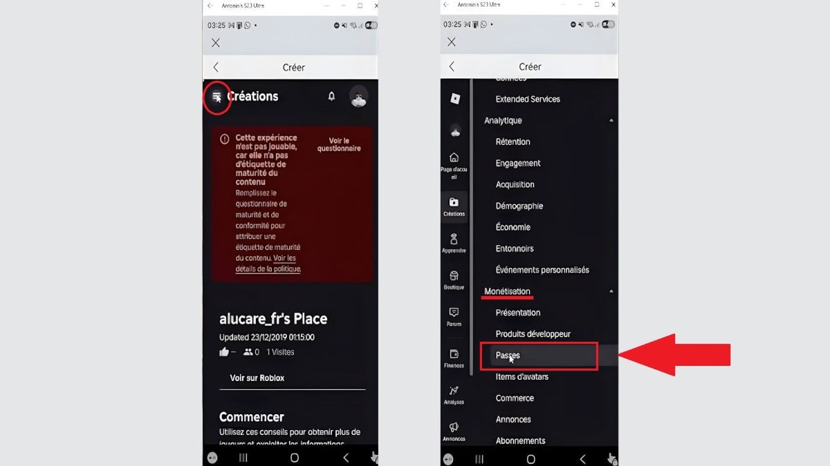 Как перейти в раздел "Пропуска" в Roblox.