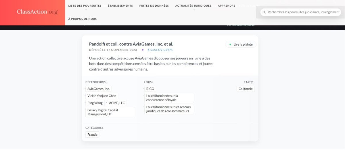 Pandolfi v. AviaGames: uma ação colectiva acusa a AviaGames de colocar os seus jogadores online contra bots em competições supostamente baseadas na perícia. 