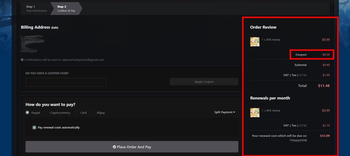 Confirmação de pagamento BotSauce para AFK Arena com o código promocional ALUCARE