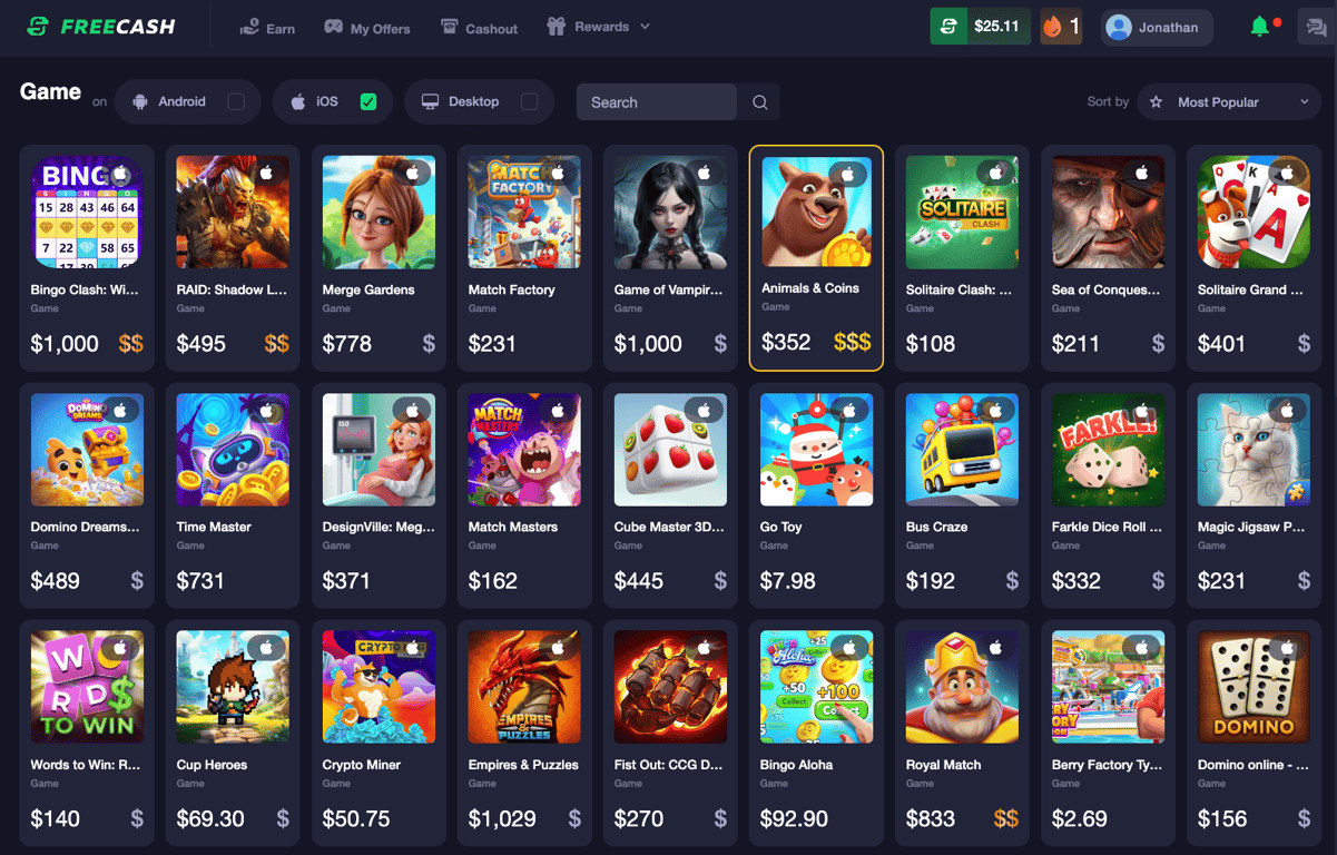 Different types of games on Freecash.