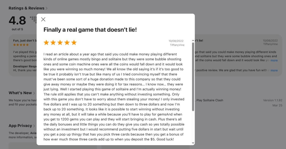 Avaliação de TiffanyVine sobre o Solitaire Clash na App Store. 