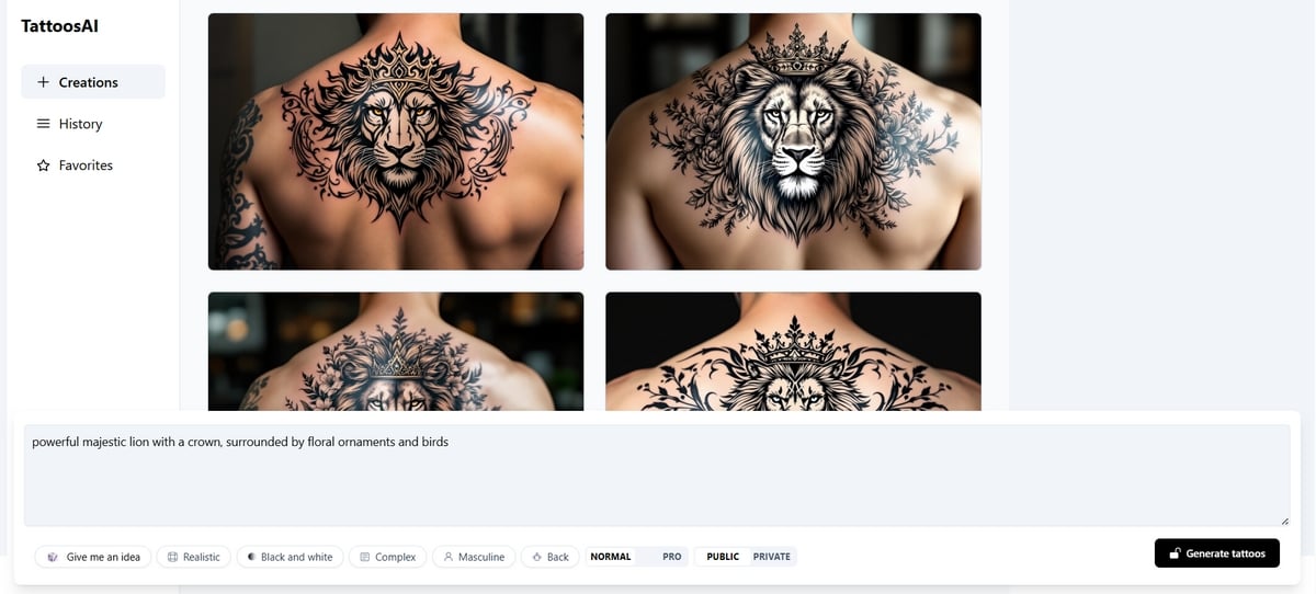 Interfaz principal de Tattoos Ai