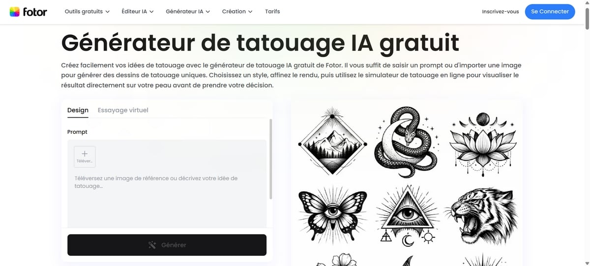 Interfaz principal de Fotor, el generador de tatuajes AI