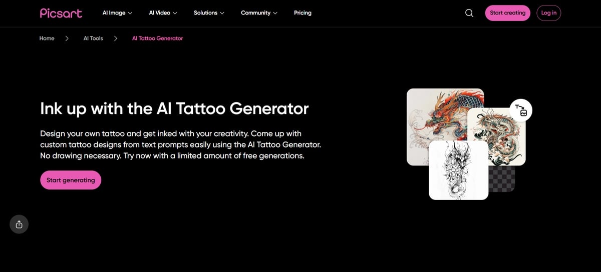 Página oficial de Picsart, el generador de tatuajes