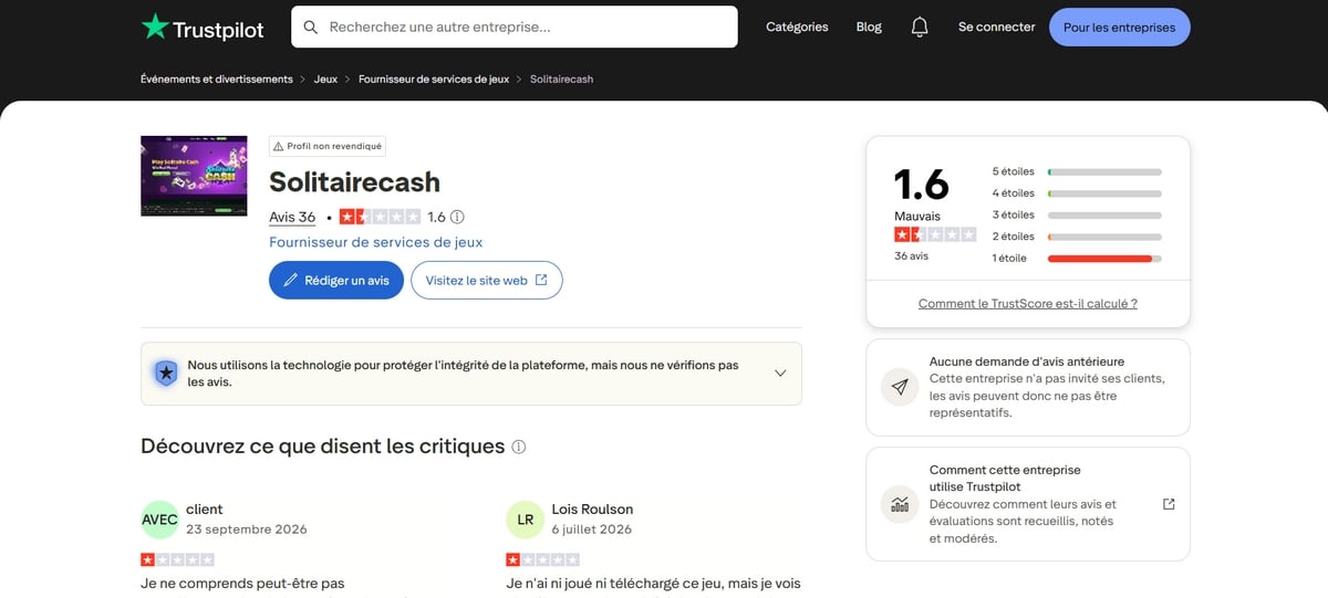 Trustpilotにおける『Solitaire Cash』の評価