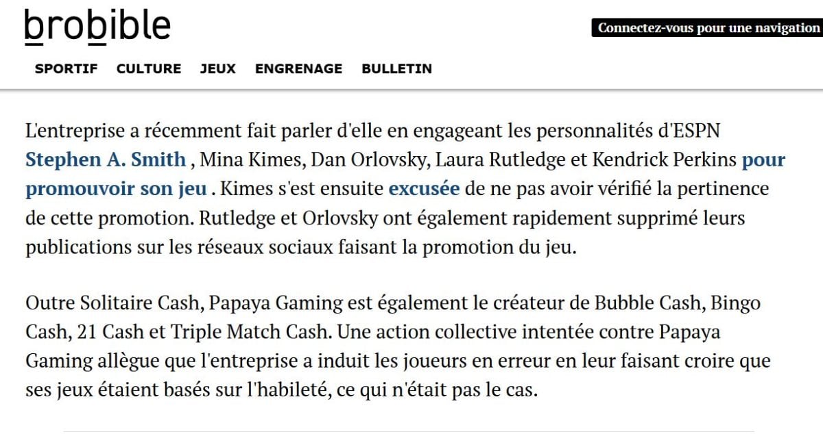 Retrait des personnalités d'ESPN pour la promotions du jeu Solitaire Cash et l'action collective intentée contre Papaya Gaming.