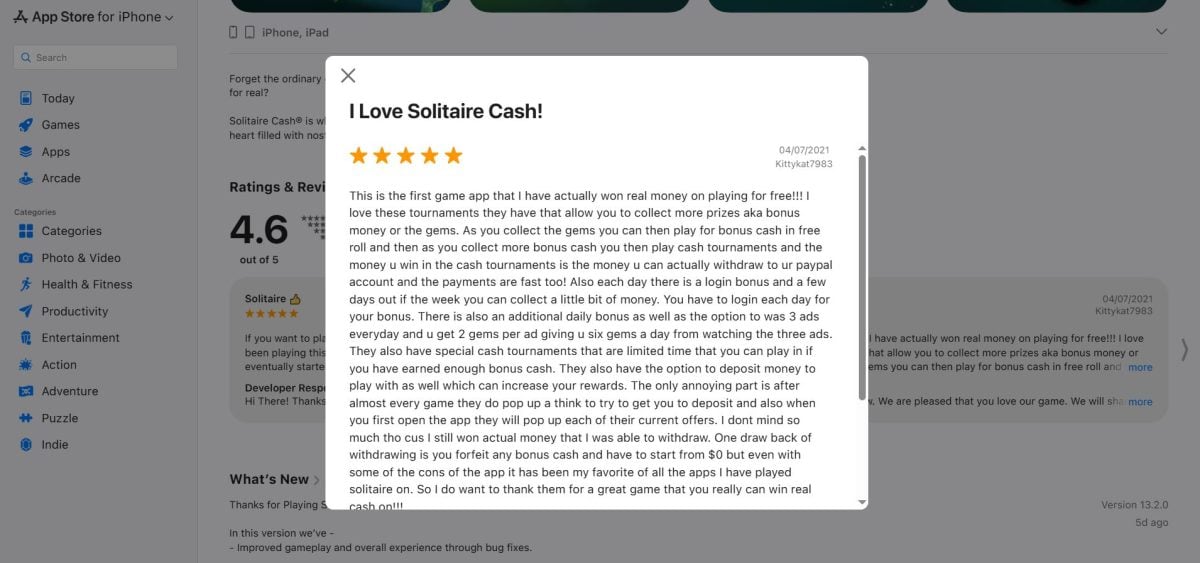 Avis de l'utilisateur Kittykat7983 sur Solitaire Cash sur App Store.