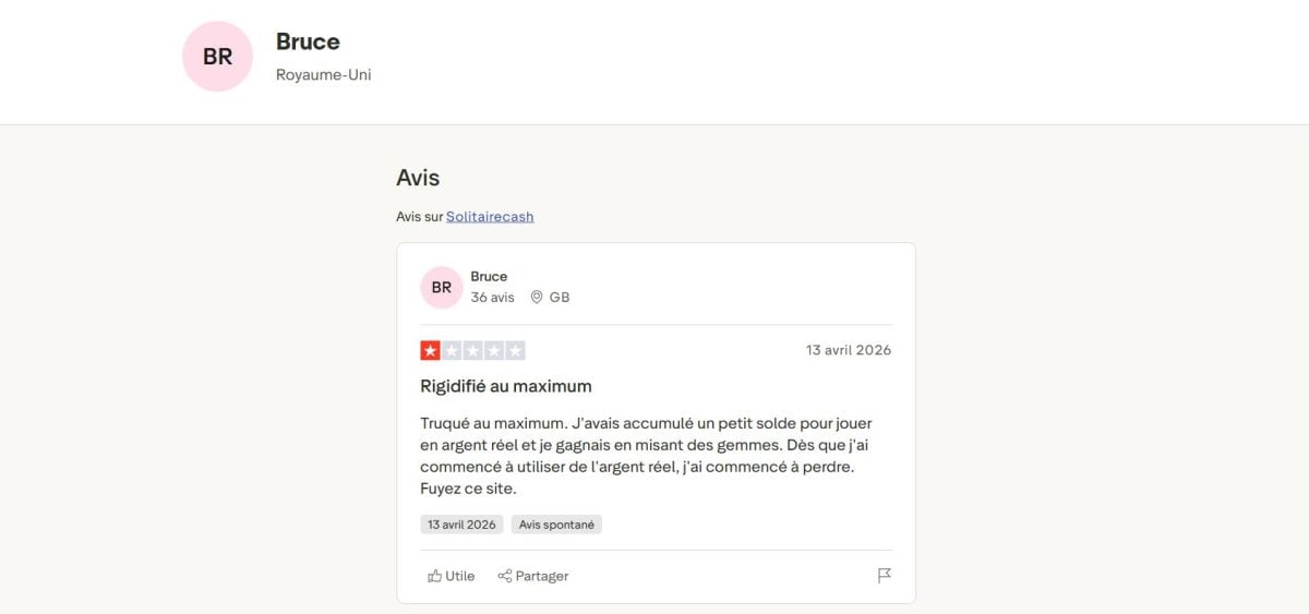 Avis de l'utilisateur Bruce sur Solitaire Cash sur Trustpilot. 