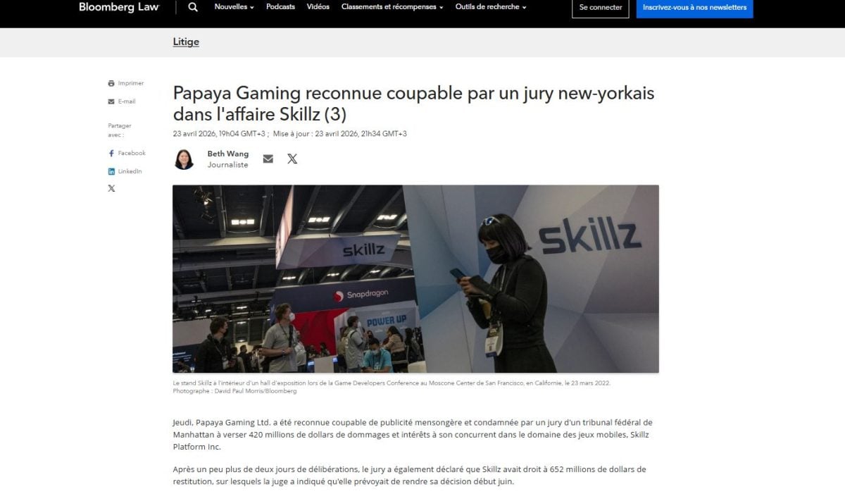 L'affaire Papaya Gaming vs Skillz : versement de 420 millions de dollars de dommages et intérêts par Papaya Gaming. 