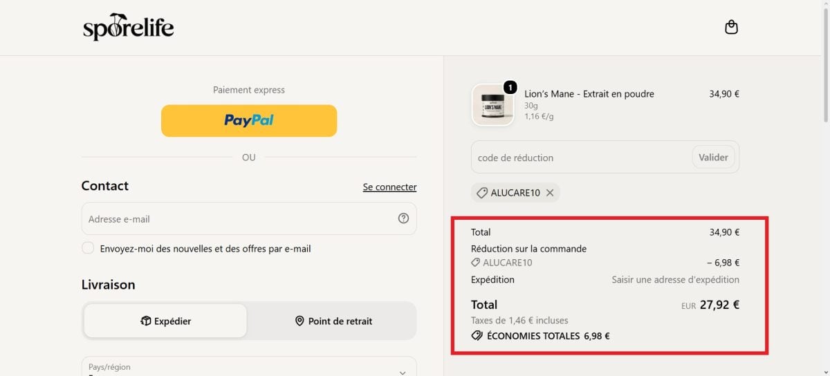 Captura de pantalla en la que se muestra el cálculo automático del descuento de 20 % sobre el importe total a pagar