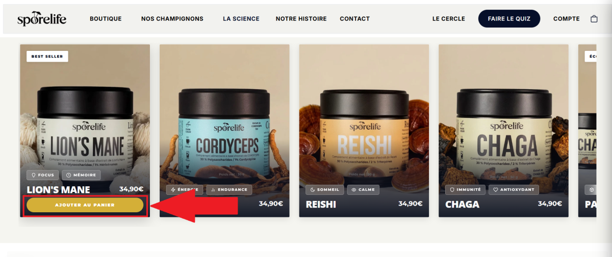 Adicionar um produto ao cesto de compras no site da Sporelife.