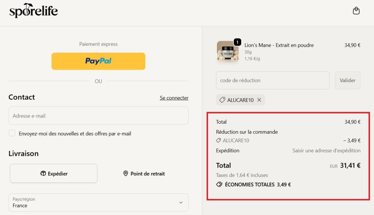 Cálculo automático do desconto de 10% sobre o total a pagar após a validação do código de desconto no Sporelife.