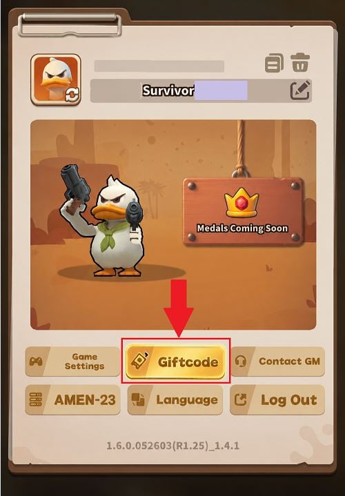 Il pulsante per riscattare il codice su Duck Survival