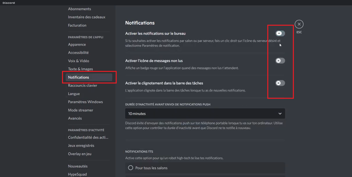 L'onglet Notifications sur Discord.