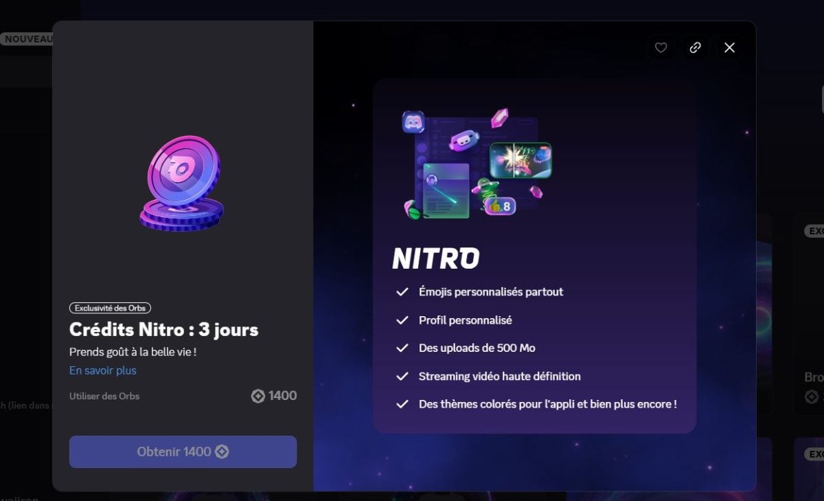 Échanger les orbs contre des crédits Nitro sur Discord.