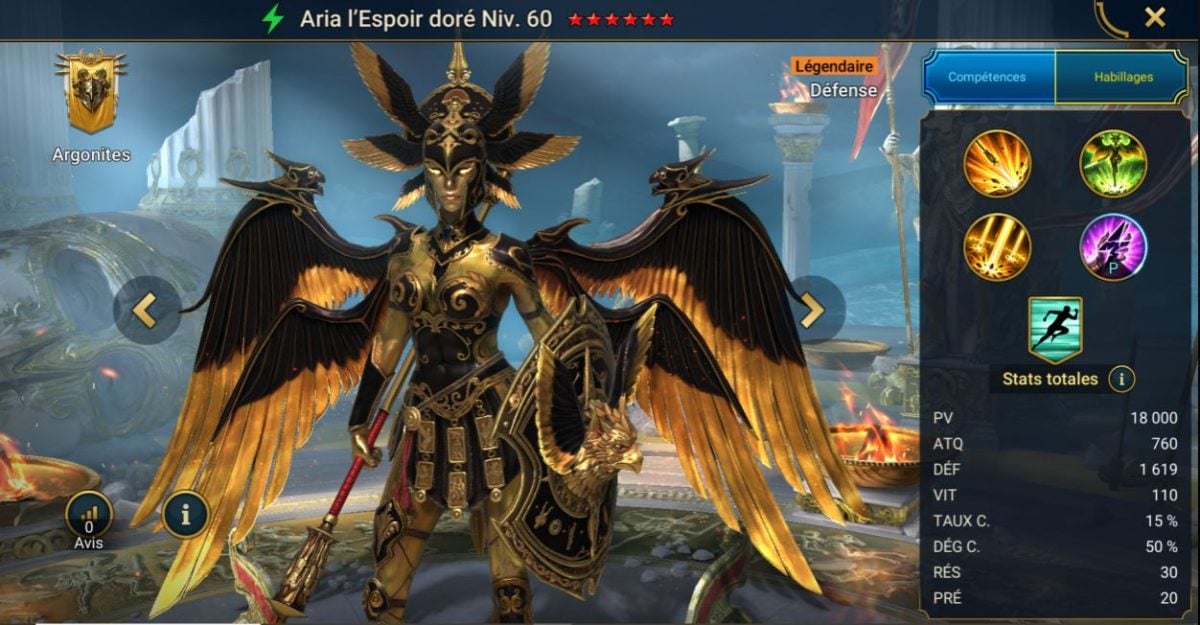 Guía de maestrías, bendiciones y artefactos para Aria, la Esperanza Dorada (Aria the Golden Hope) en RSL 