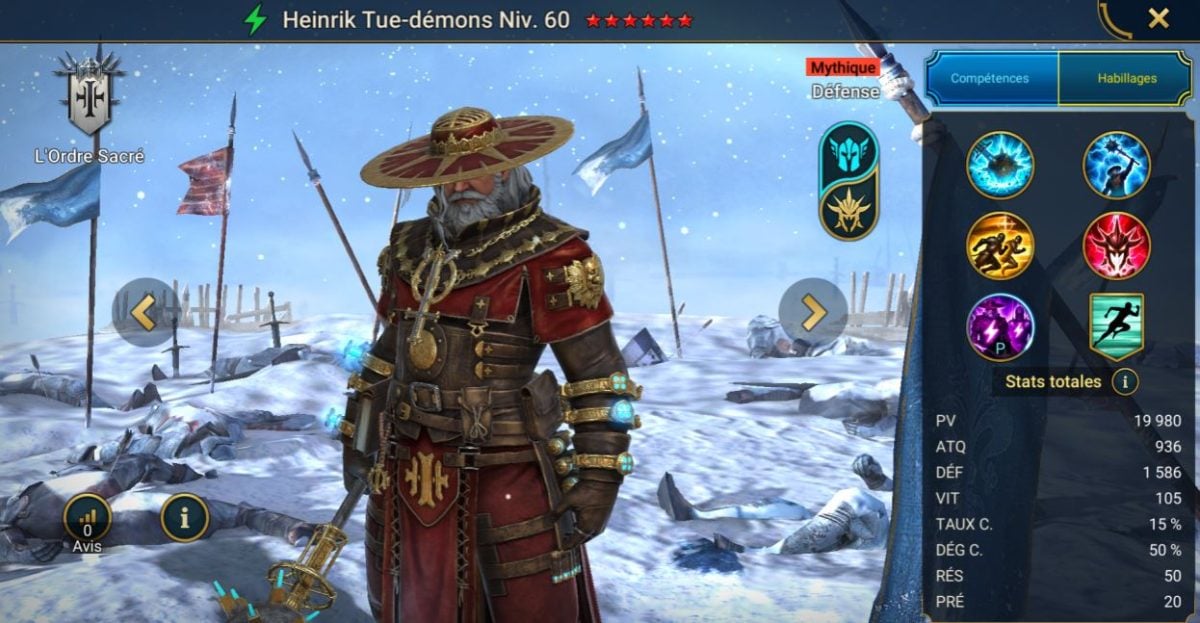 Guide maîtrises, grâce et artefact sur Heinrik Tue-démons (Heinrik Demondoom) sur RSL 