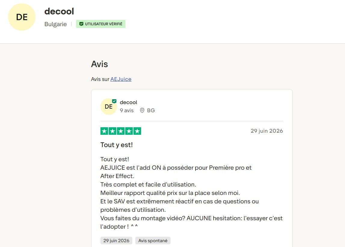 Opinión de decool sobre AEJuice en Trustpilot en la que dice que lo tiene todo.