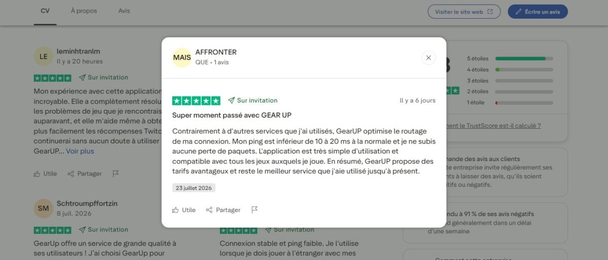 Trustpilot-anmeldelse fra en spiller, der ikke længere oplever pakketab takket være GearUP