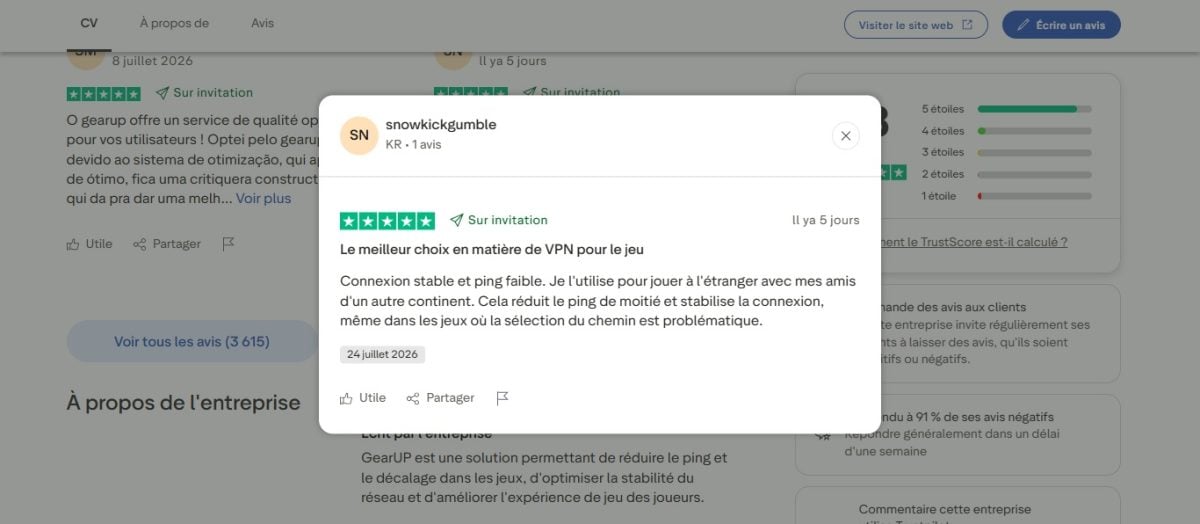 Trustpilot-anmeldelse, der viser, at GearUP er ideelt til at spille med venner i udlandet
