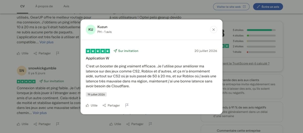 Trustpilot-anmeldelse fra en spiller, der gik fra 50 til 20 ms i CS2 takket være GearUP Booster