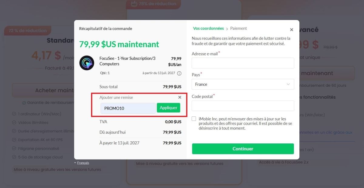 Введите промокод FocuSee PROMO10 в соответствующее поле.