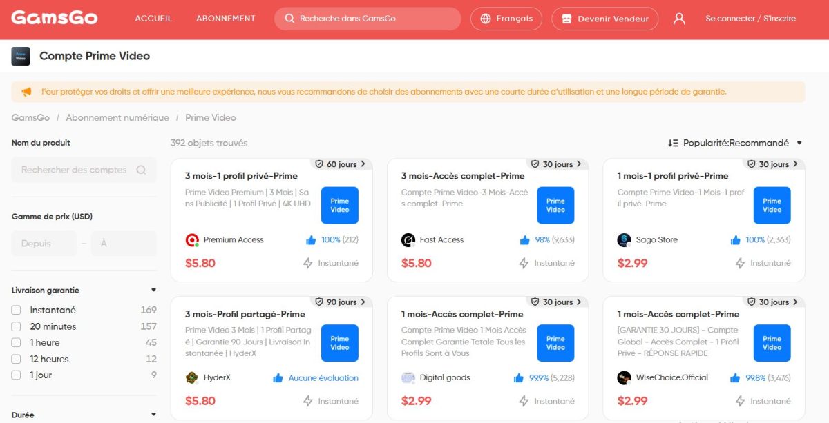 Vários anúncios de venda de contas Prime Video no Gamsgo.