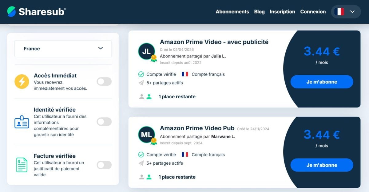Anúncios de venda de contas do Amazon Prime Video no Sharesub.