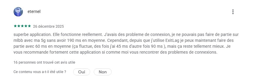 Google PlayにおけるExitLagに関するユーザー「eternel」のレビュー