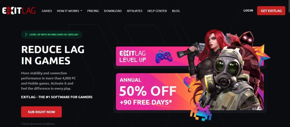 ゲーム向けの接続最適化を紹介する、ExitLag公式サイトのトップページ