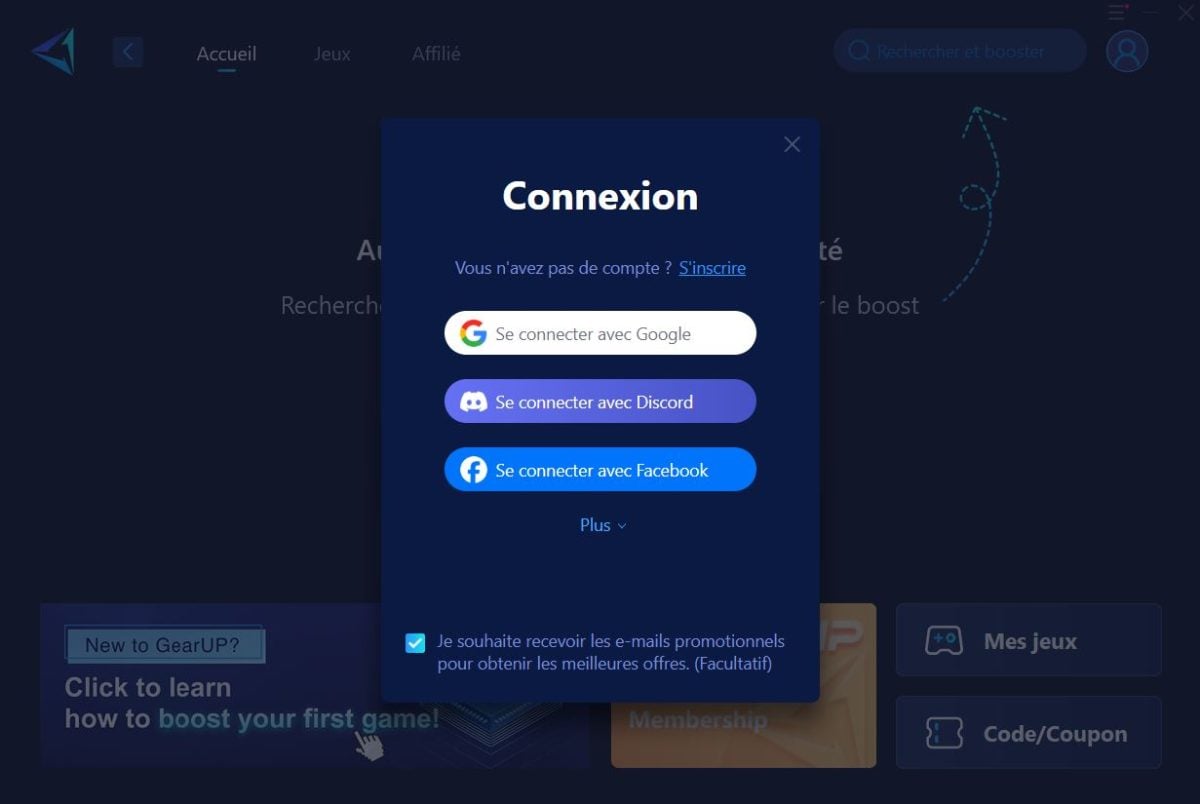 Доступные варианты входа: Google, Discord или Facebook.