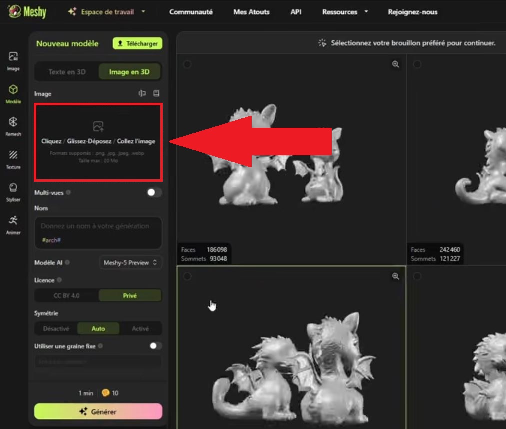 Importar una imagen en 2D para convertirla en un modelo en 3D en Meshy AI.